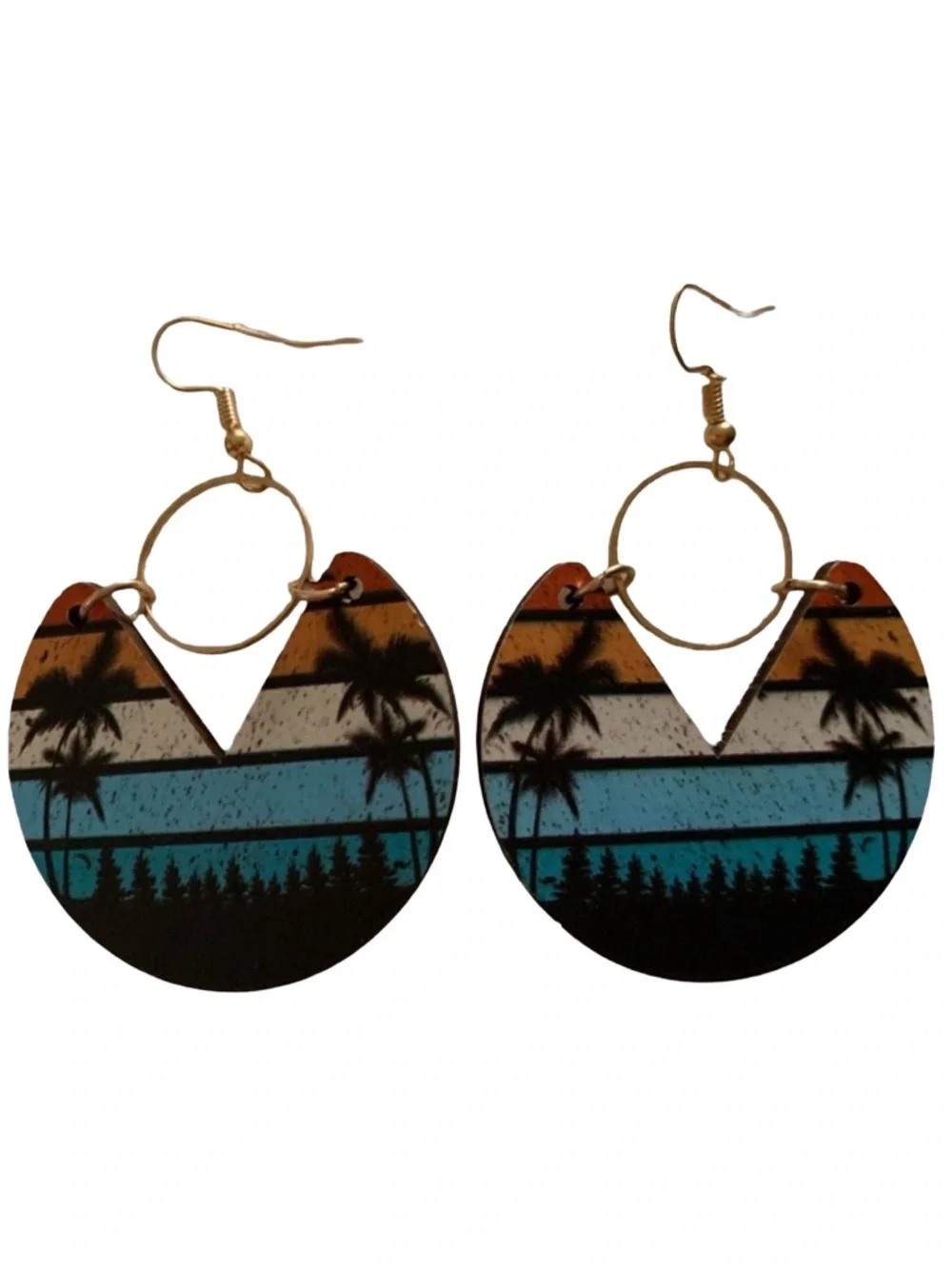 Cali Dangle Boho Wood Round Orange Turquoise Gold Metal Fish Hook Earrings